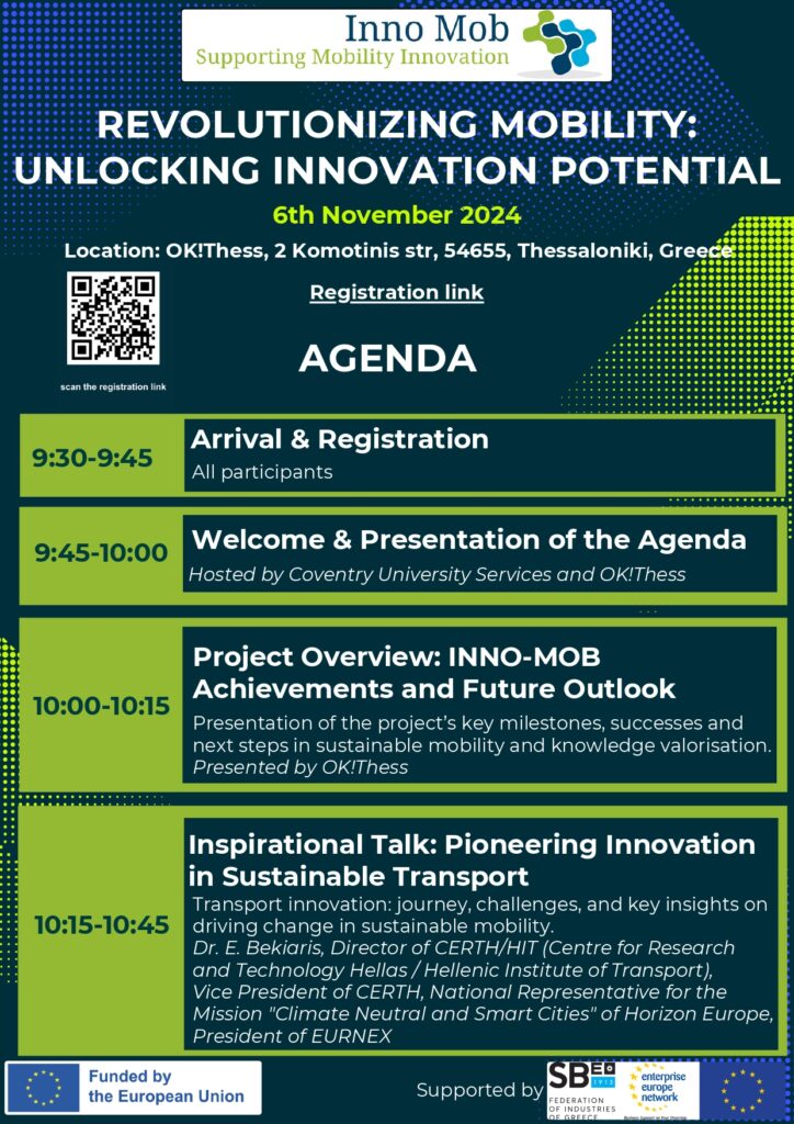 Event agenda for "Revolutionizing Mobility: Unlocking Innovation Potential" on November 6, 2024, in Thessaloniki, Greece.